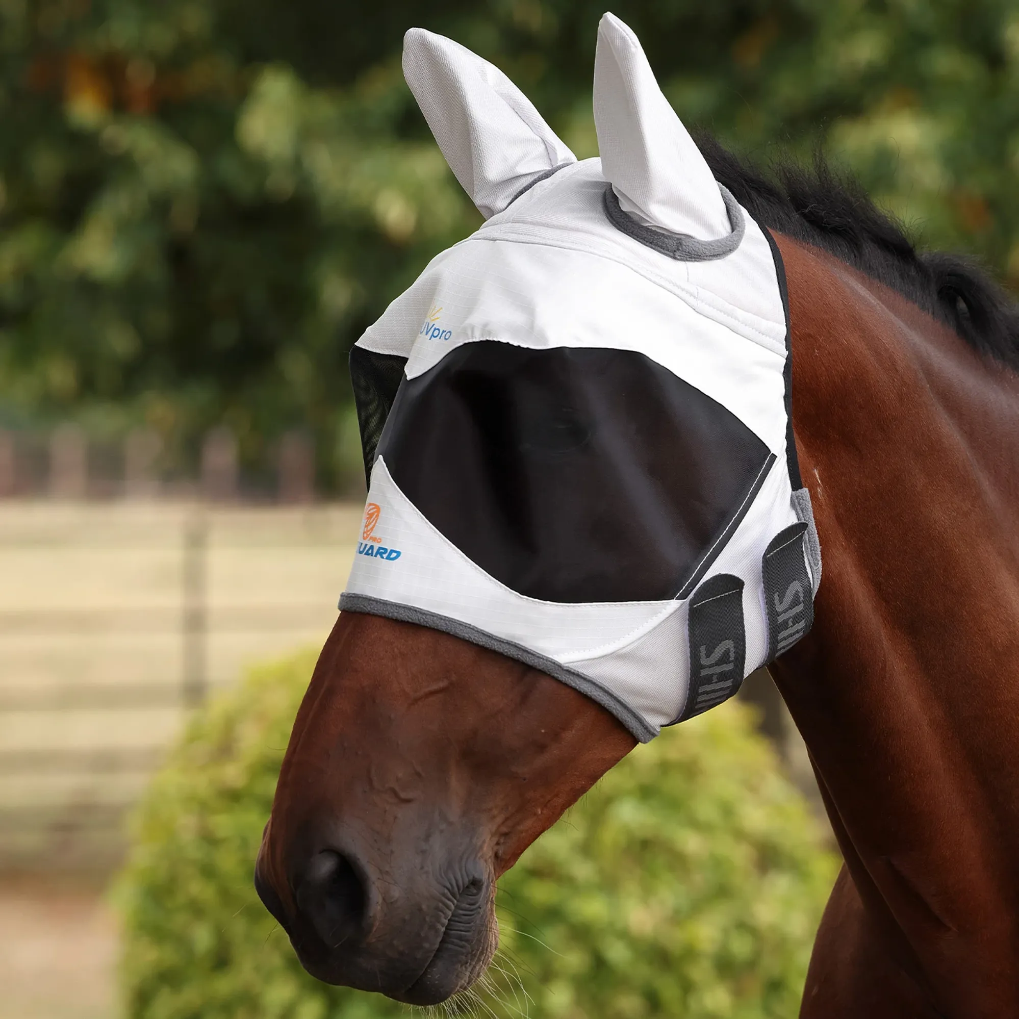 Fly Protector Shires FlyGuard Pro Sun Shade Fly Mask with Ears - White