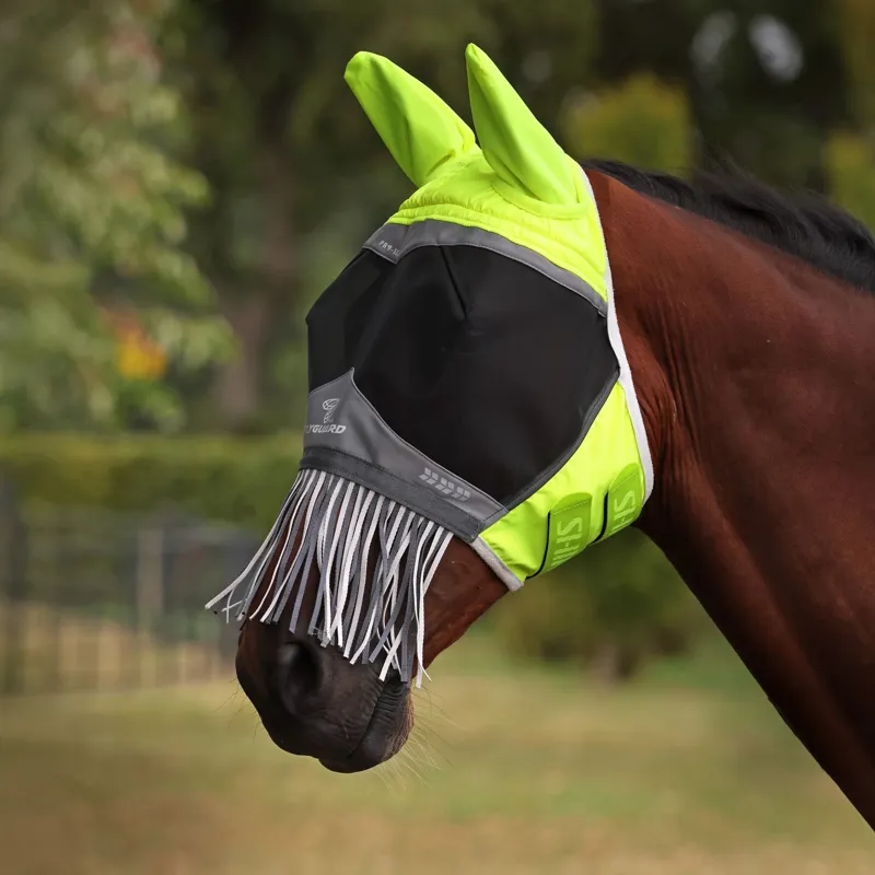 Shires FlyGuard Pro Hi-Viz Mesh Fly Mask with Ears and Fringe - Yellow