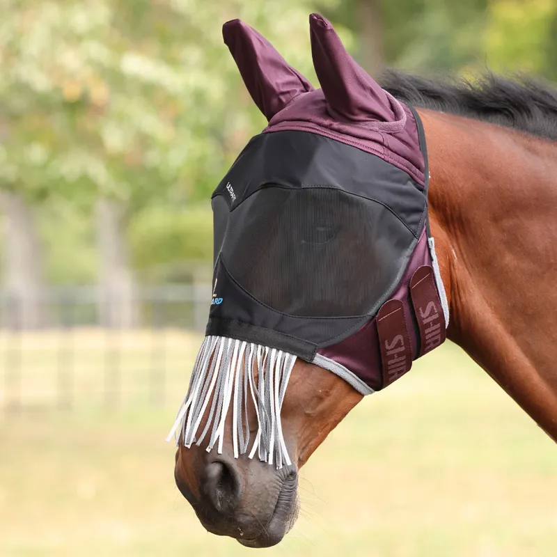 Shires FlyGuard Pro Deluxe Fly Mask with Ears and Nose Fringe - Cherry