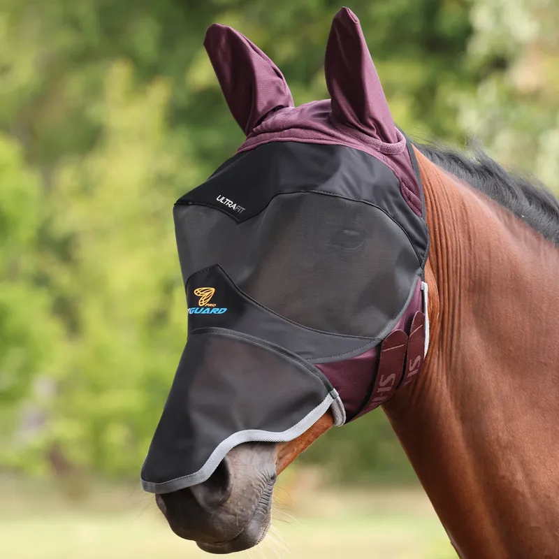 Shires FlyGuard Pro Deluxe Fly Mask with Ears and Nose - Black Cherry