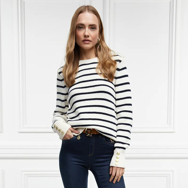 Holland Cooper Henley Striped Crew Ladies Jumper Natural Ink Navy