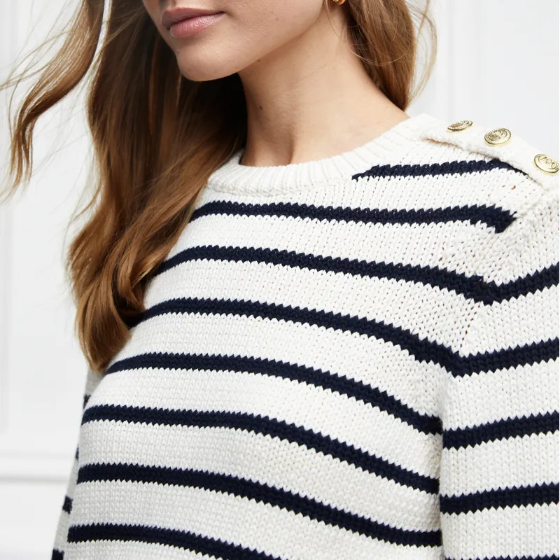 Holland Cooper Henley Striped Crew Ladies Jumper - Natural/Ink Navy-2