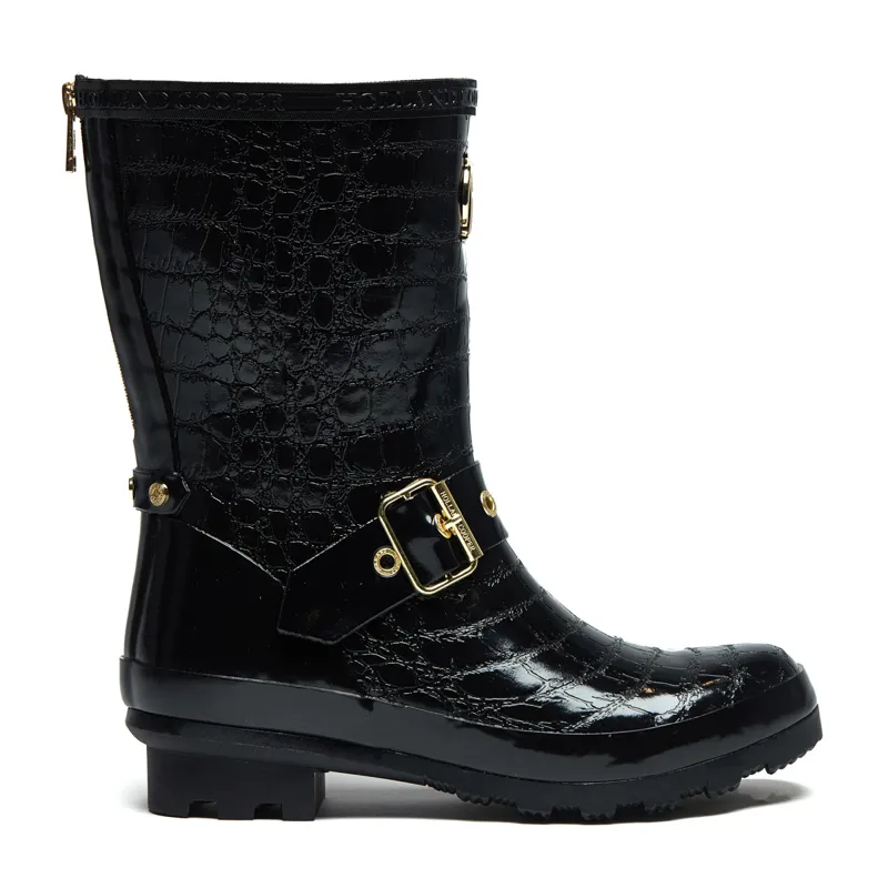 Holland Cooper Short Zip Sherpa Lined Chelsea Wellingtons Black Croc