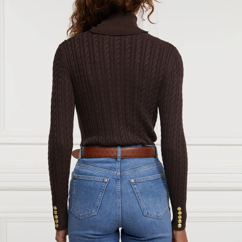 Holland Cooper Seattle Roll Neck Ladies Cable Knit Jumper - Chocolate-2