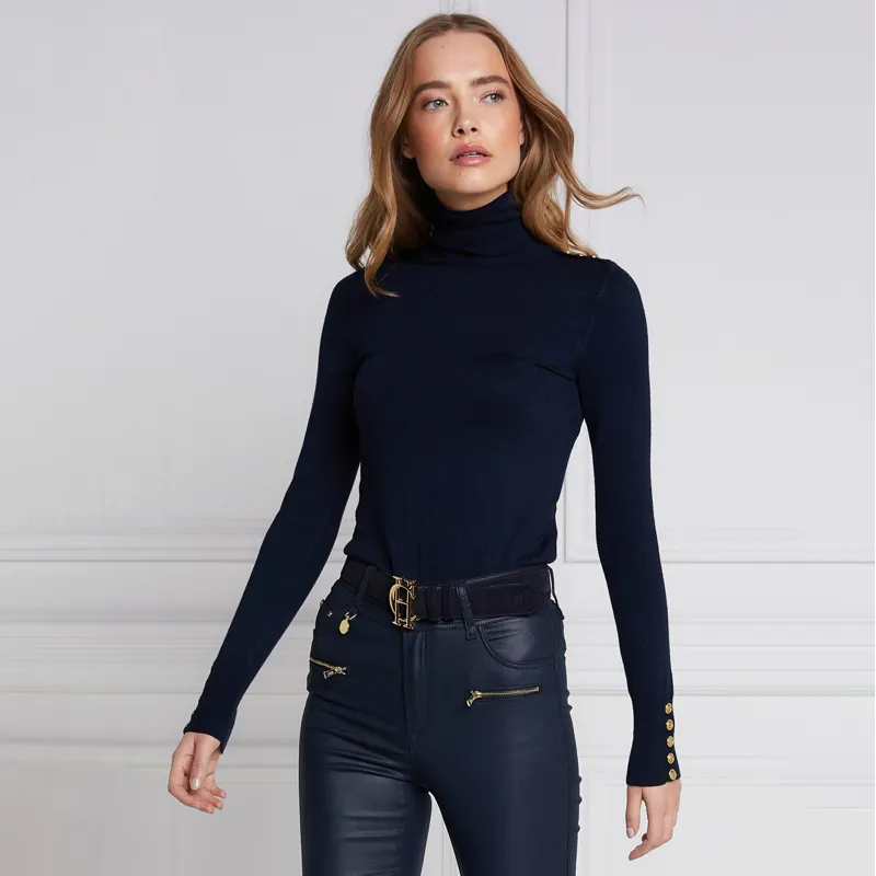 Holland Cooper Buttoned Knit Ladies Roll Neck Top - Navy