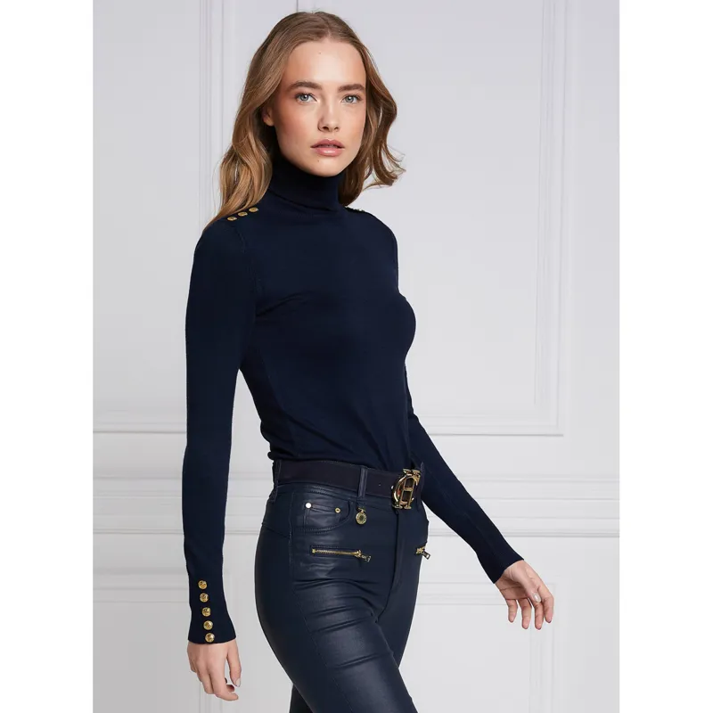 Holland Cooper Buttoned Knit Ladies Roll Neck Top - Navy-1