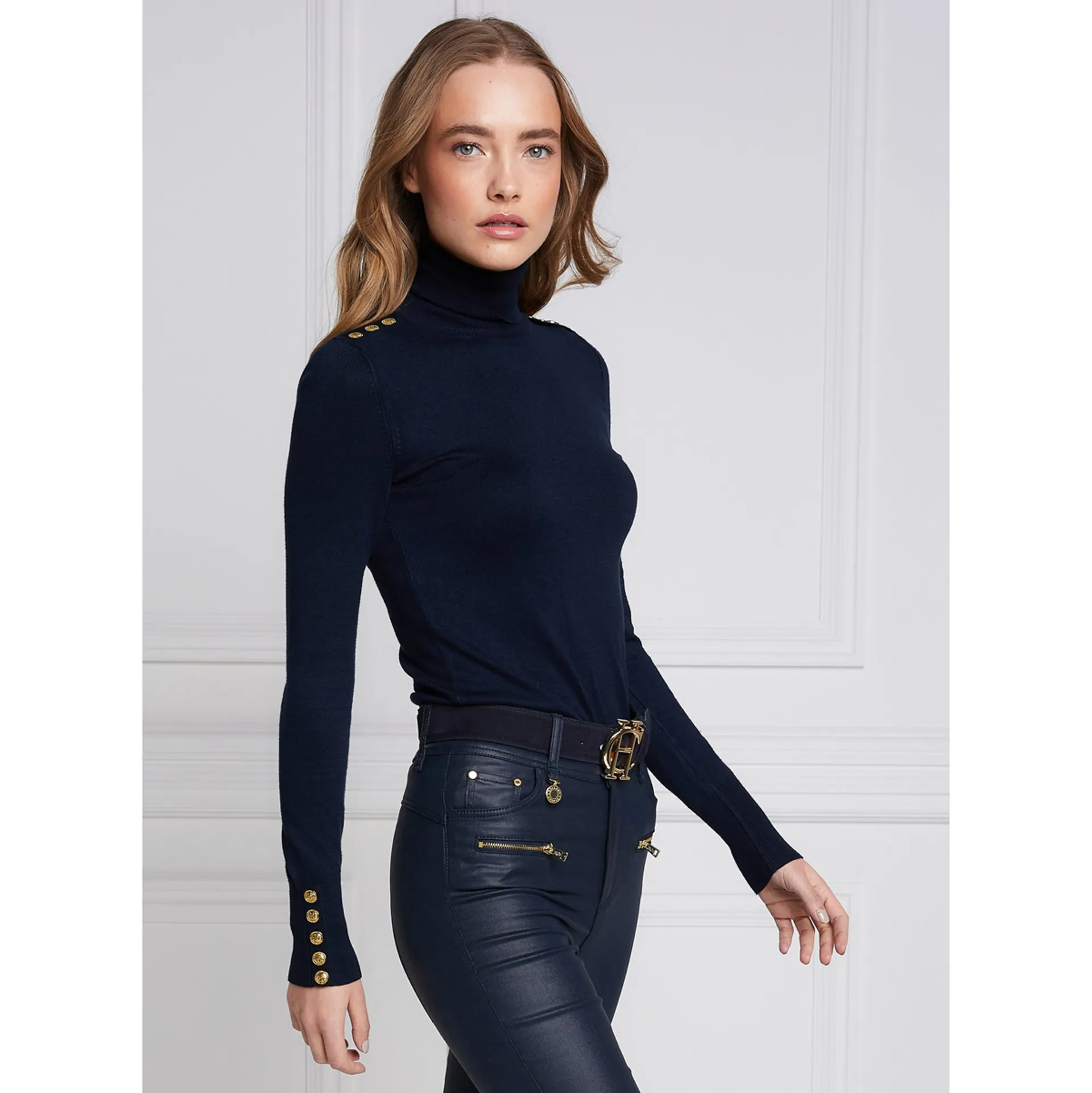 Holland Cooper Buttoned Knit Ladies Roll Neck Top Navy