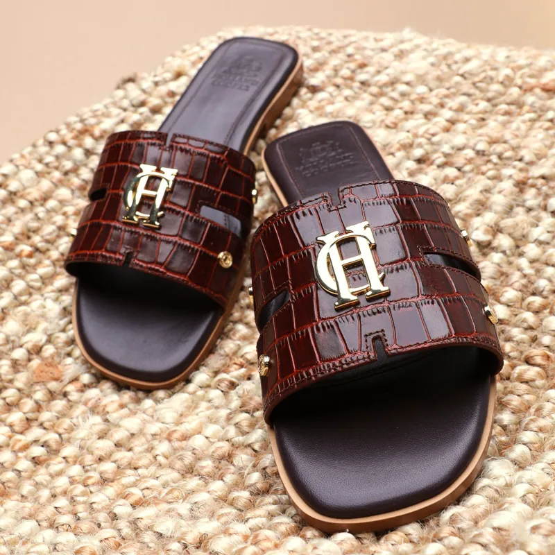 Holland Cooper Monogram Sliders Ladies Sandals - Chocolate Croc-1