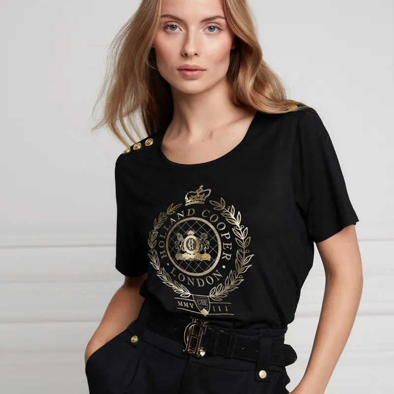 Holland Cooper Ornate Crest Ladies Tee - Black/Gold-1