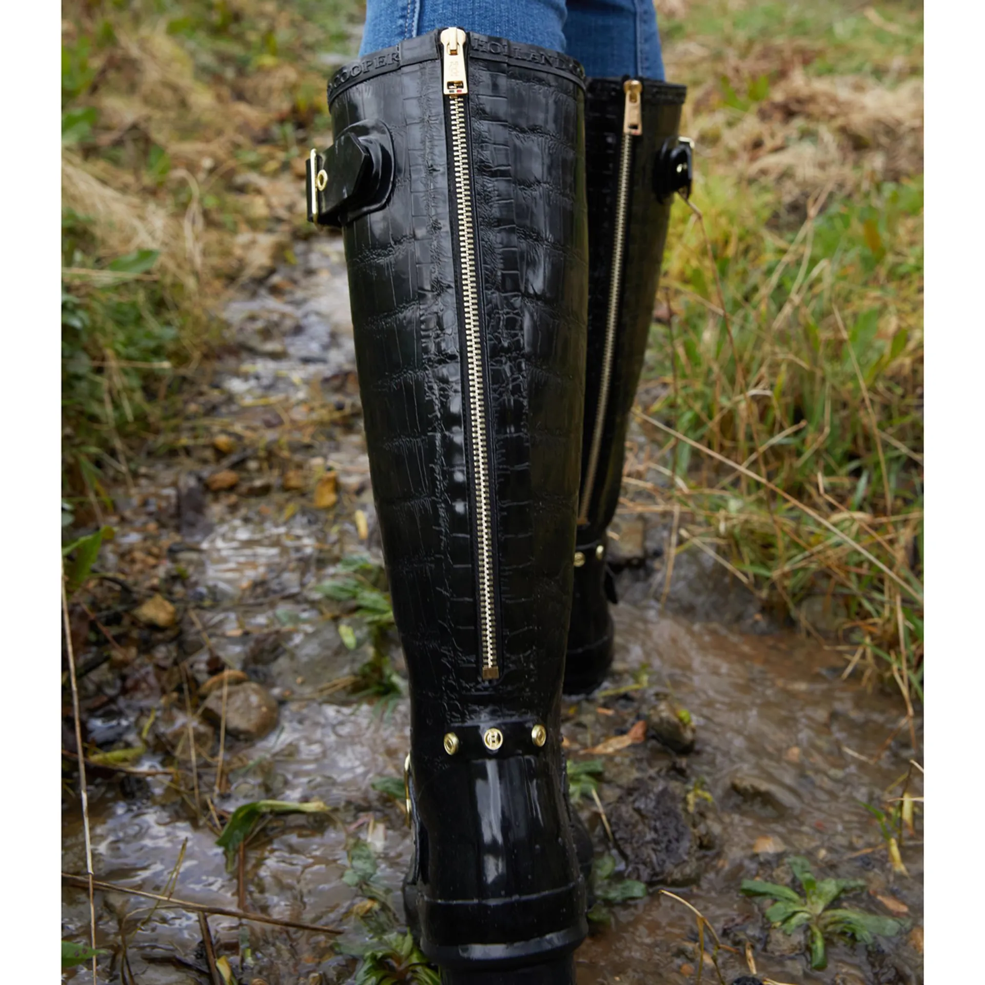 Holland Cooper Zip Chelsea Ladies Wellingtons Black Croc