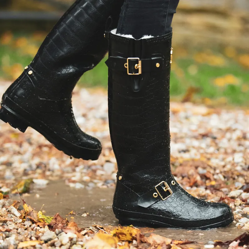 Holland Cooper Regency Sherpa Lined Ladies Wellingtons - Black Croc-2