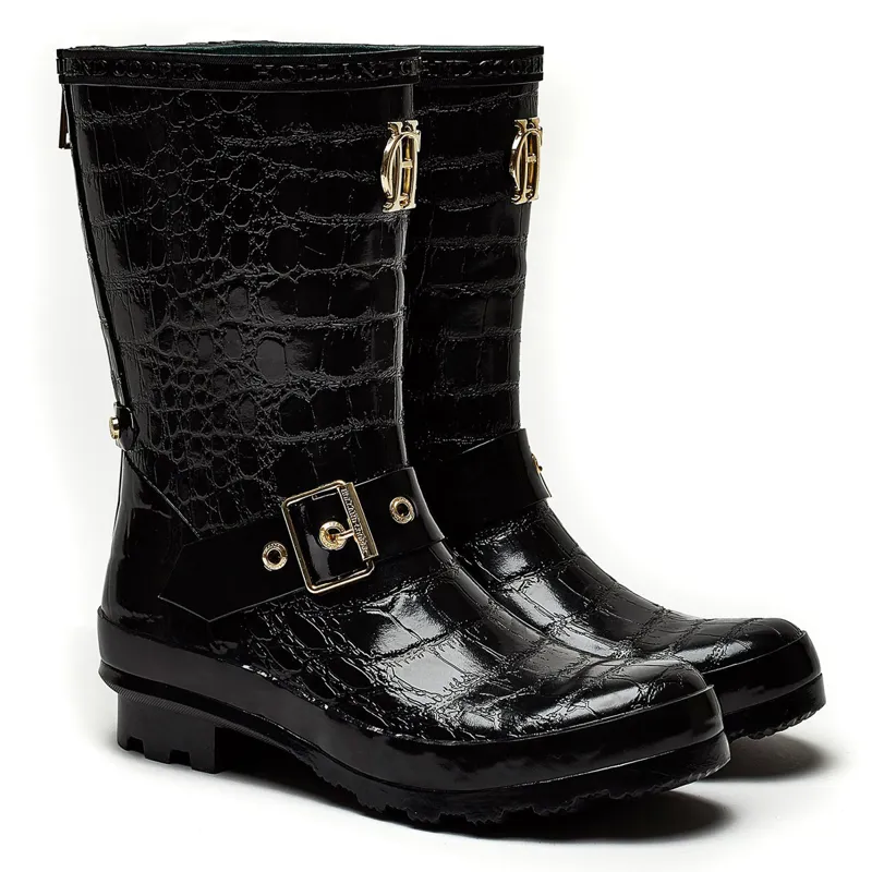 Holland Cooper Short Zip Chelsea Ladies Wellingtons Black Croc