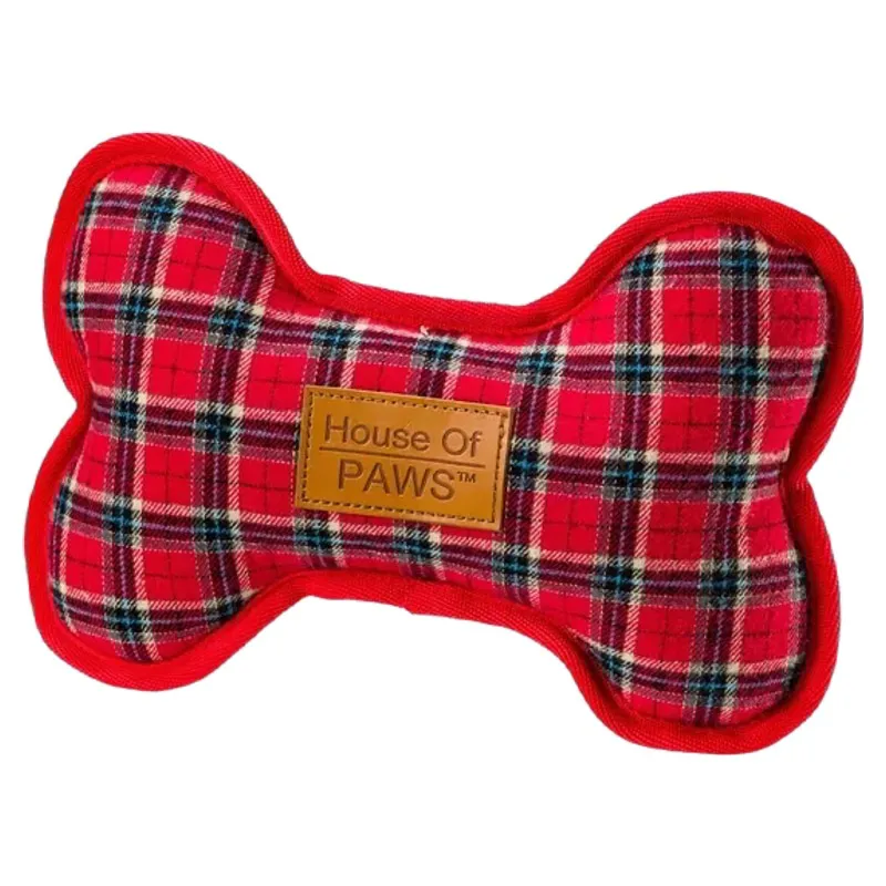 House of Paws Tweed Dog Bone Toy - Red