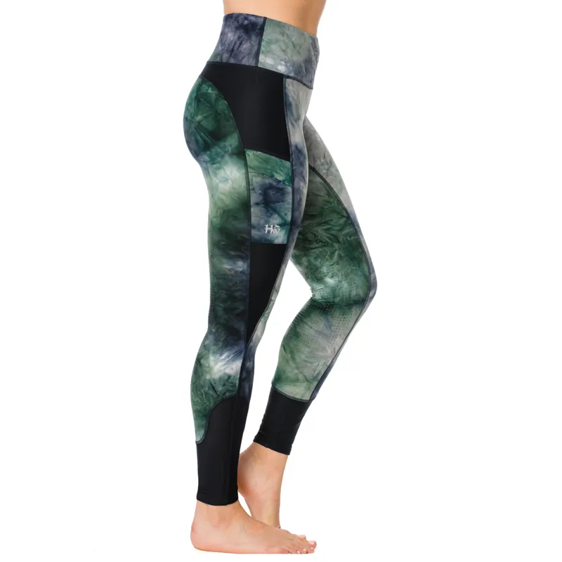 Horseware Silicon Knee Grip Ladies Riding Tights - Navy/Green - XX-Small