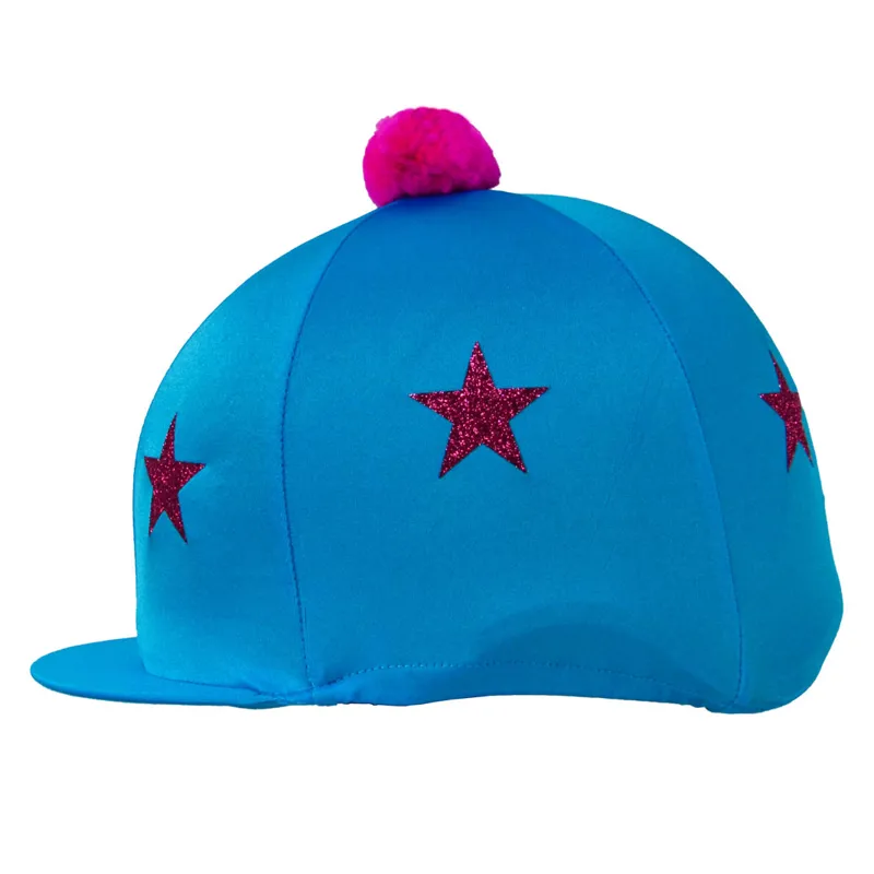 HyFASHION Pom Pom Hat Cover with Glitter Stars - Turquoise/Pink