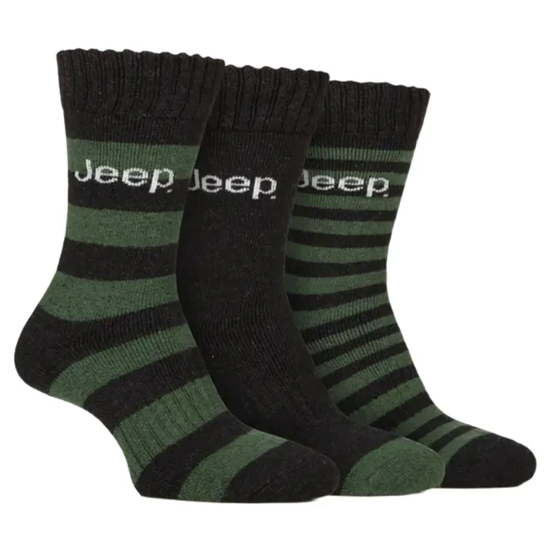 Jeep Mens Wool Blend Boot Socks 3 Pack - Black/Green