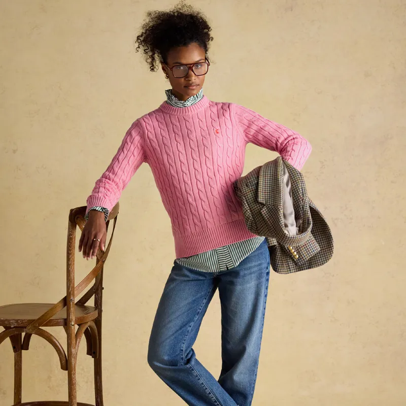 Joules Classic Cable Cotton Womens Crew Neck Jumper - Pink-7