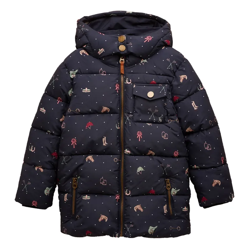 Joules Emmeline Junior Girls Hooded Puffer Jacket - Navy/Horses