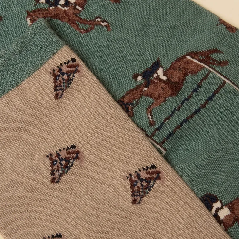 Joules Everyday Womens Socks 2 Pack - Khaki Horse/Neutral Horse-2