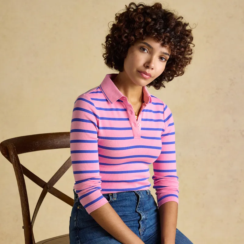 Joules Fairfield Womens Long Sleeve Polo Shirt - Pink/Blue Stripes-6