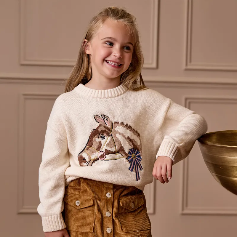Joules Hattie Junior Girls Knitted Jumper - Cream/Horses-1