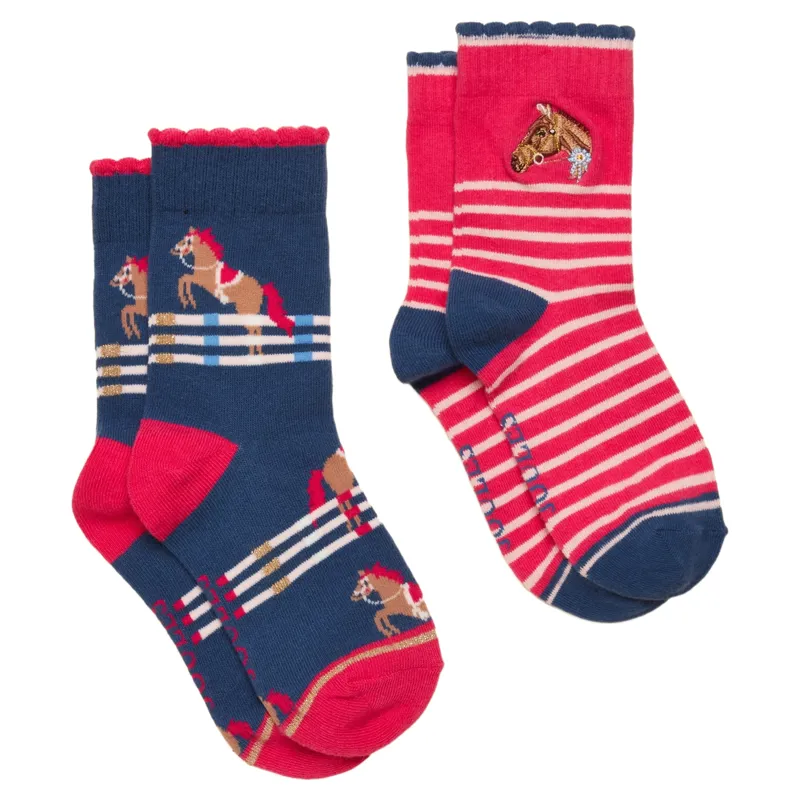 Joules Neat Feet Junior Girls Socks 2 Pack - Pink/Navy Horse
