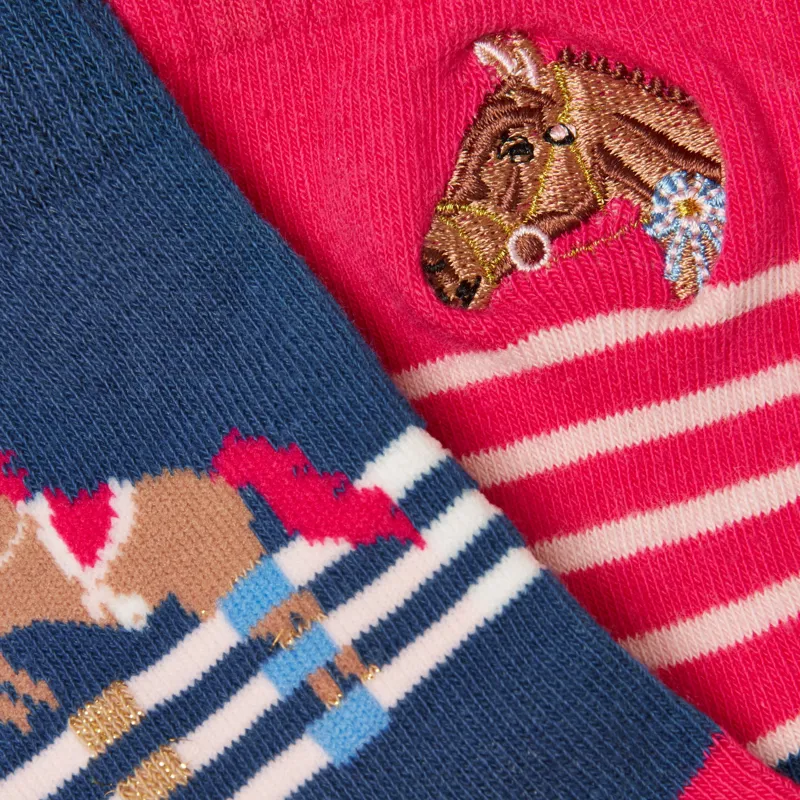 Joules Neat Feet Junior Girls Socks 2 Pack - Pink/Navy Horse-1