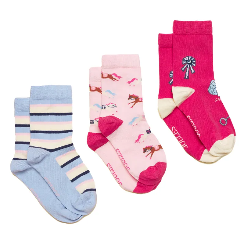 Joules Neat Feet Junior Girls Socks 3 Pack - Hold Your Horses/Pink/Blue