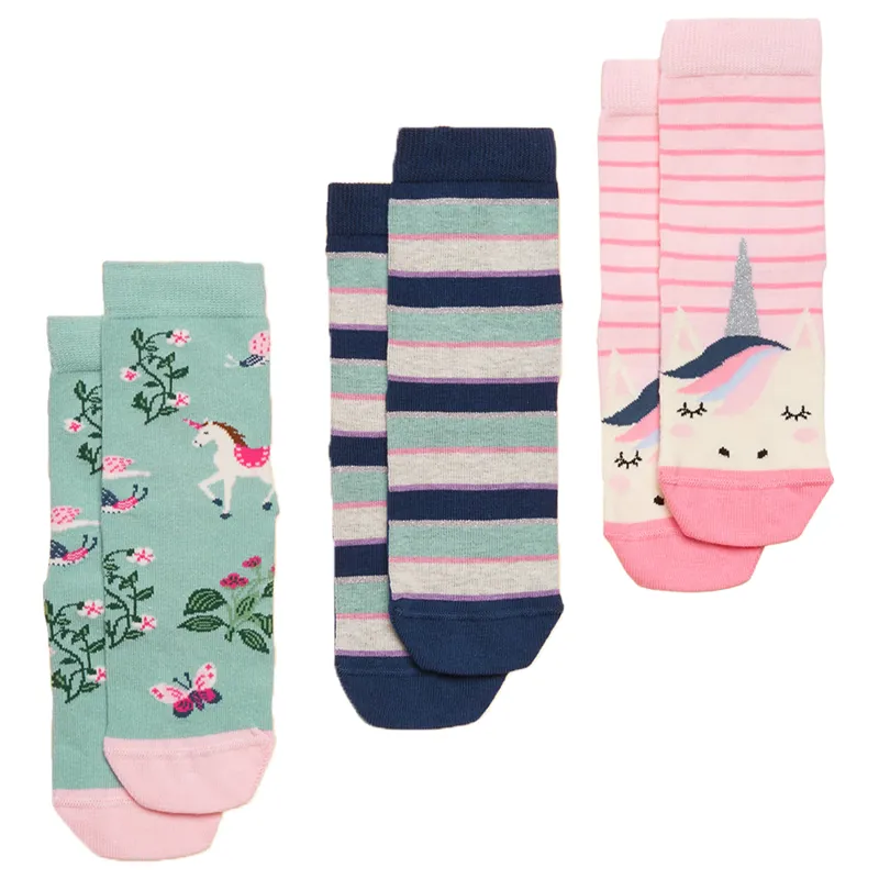 Joules Neat Feet Junior Girls Socks 3 Pack - Unicorn/Pink/Green