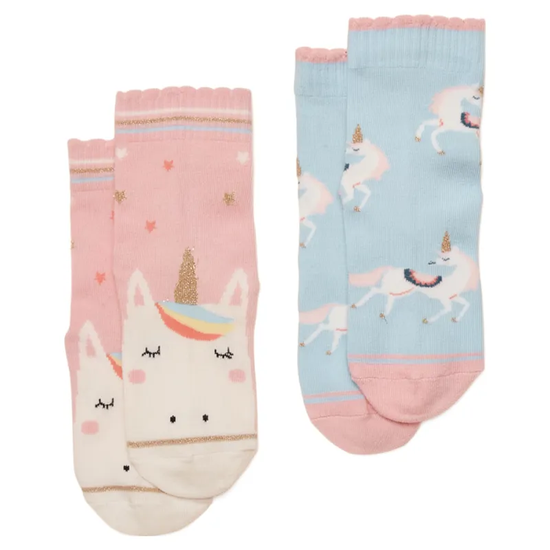 Joules Neat Feet Junior Girls Socks 2 Pack - Pink/Unicorn