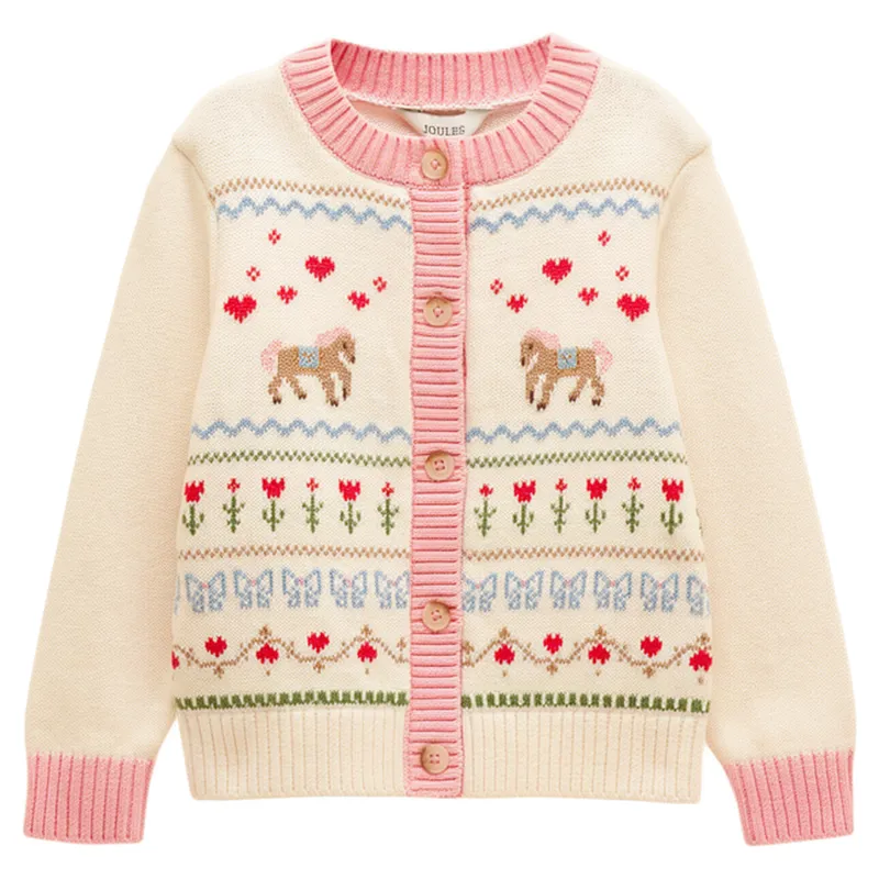 Joules Pippa Junior Girls Knitted Cardigan - Cream/Horse