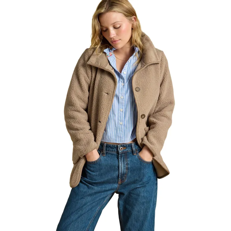 Joules Sadie Longline Button Through Fleece Jacket - Mushroom-3