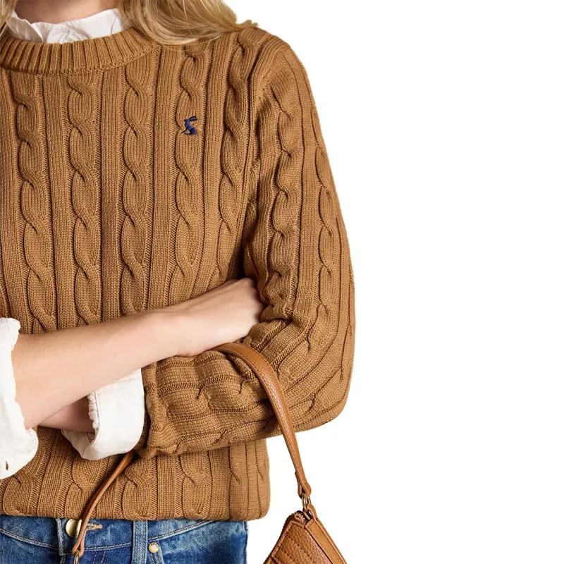 Joules Classic Cable Cotton Womens Crew Neck Jumper - Camel-5