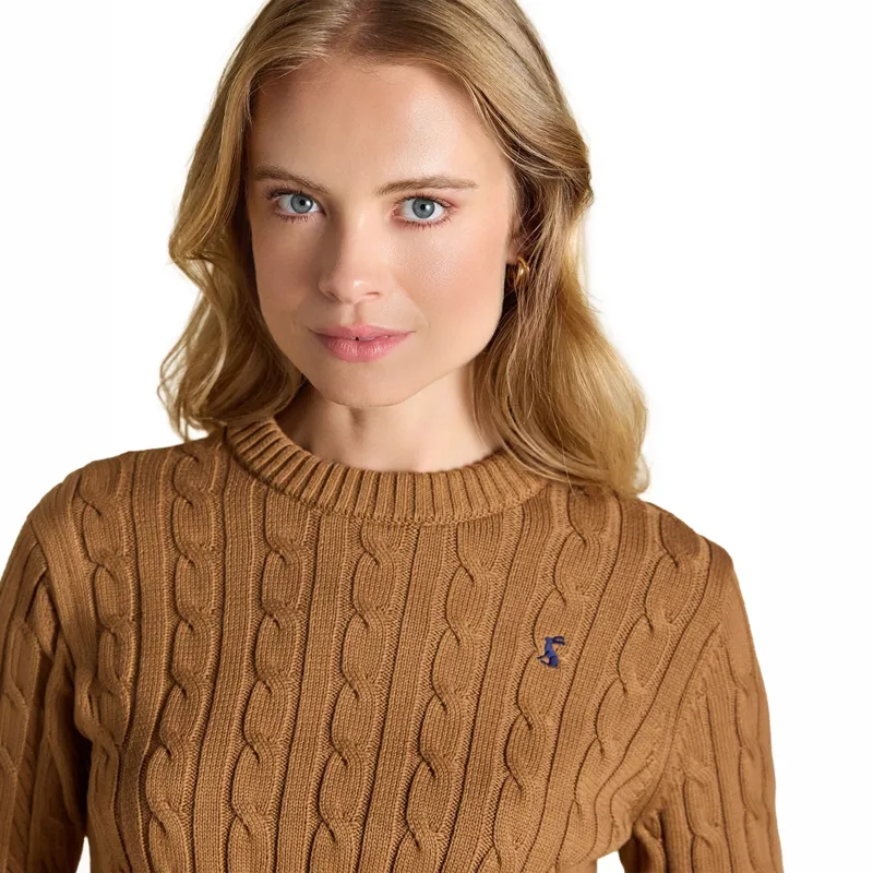 Joules Classic Cable Cotton Womens Crew Neck Jumper - Camel-3