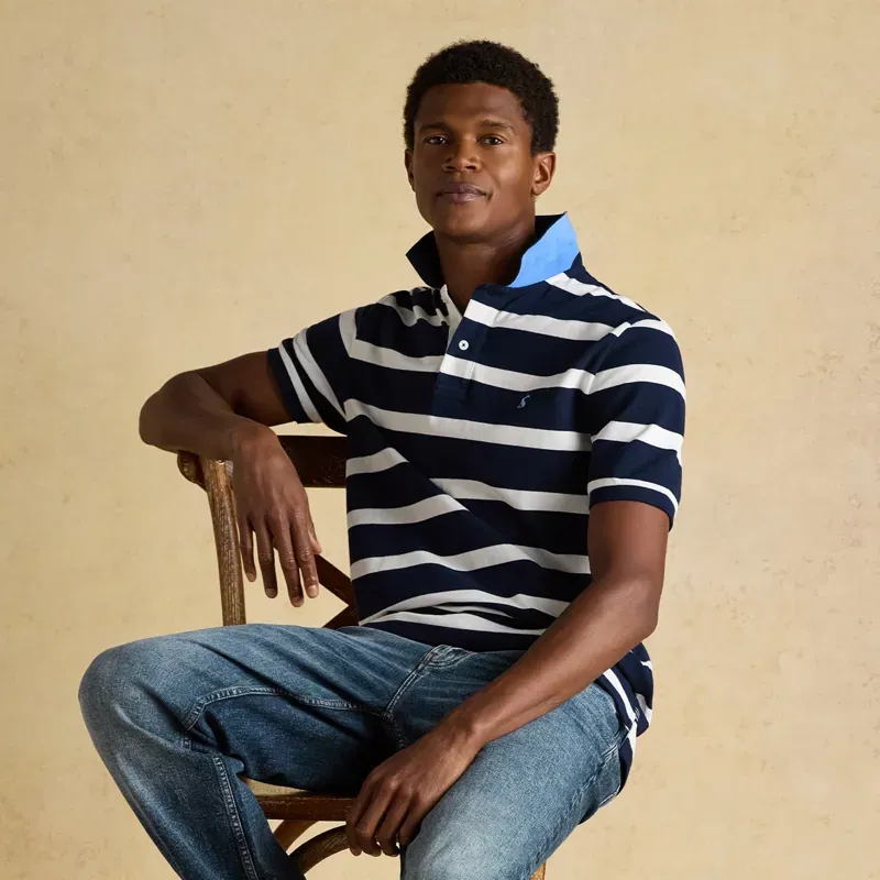 Joules Woody Stripe Mens Cotton Pique Polo Shirt - Navy/White-4