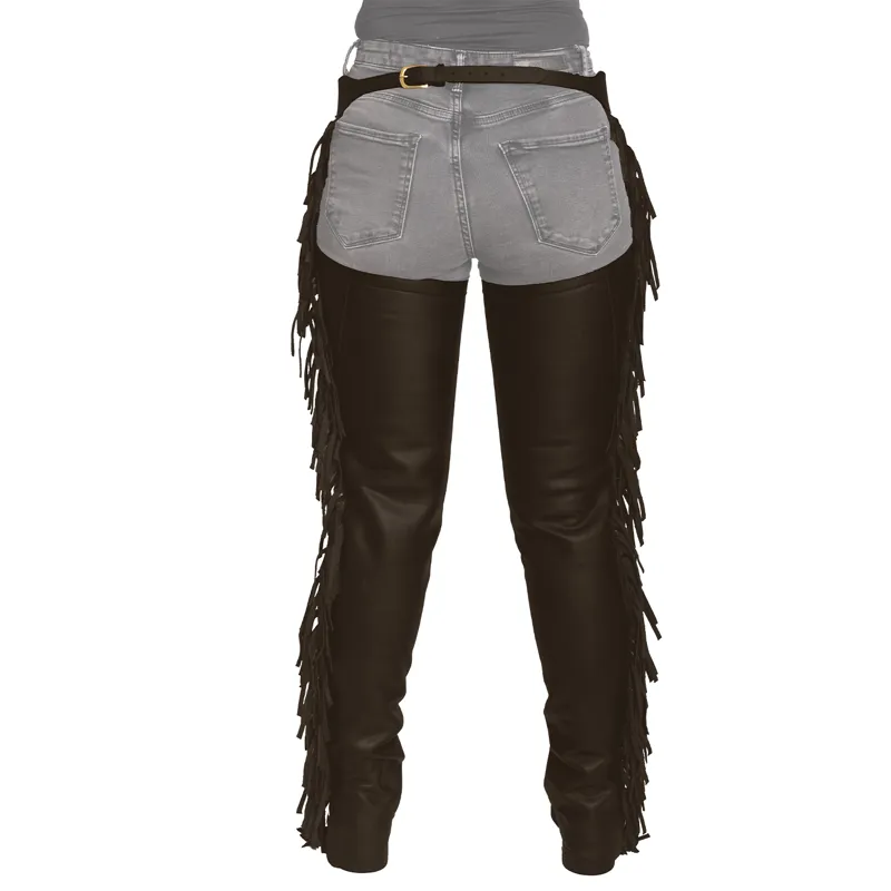 Dy'on Vegan Leather Full Chaps with Fringes - Brown-2