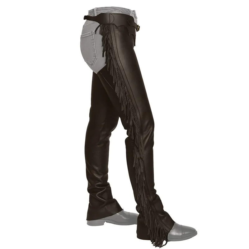 Dy'on Vegan Leather Full Chaps with Fringes - Brown-1