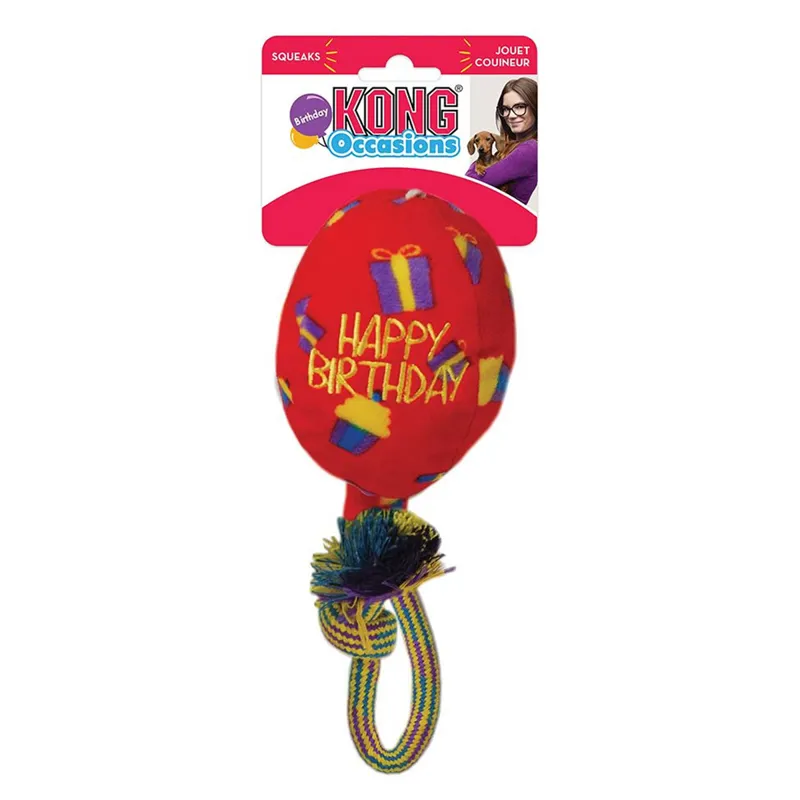 KONG Occasions Birthday Balloon Dog Toy with Rope - Red-1