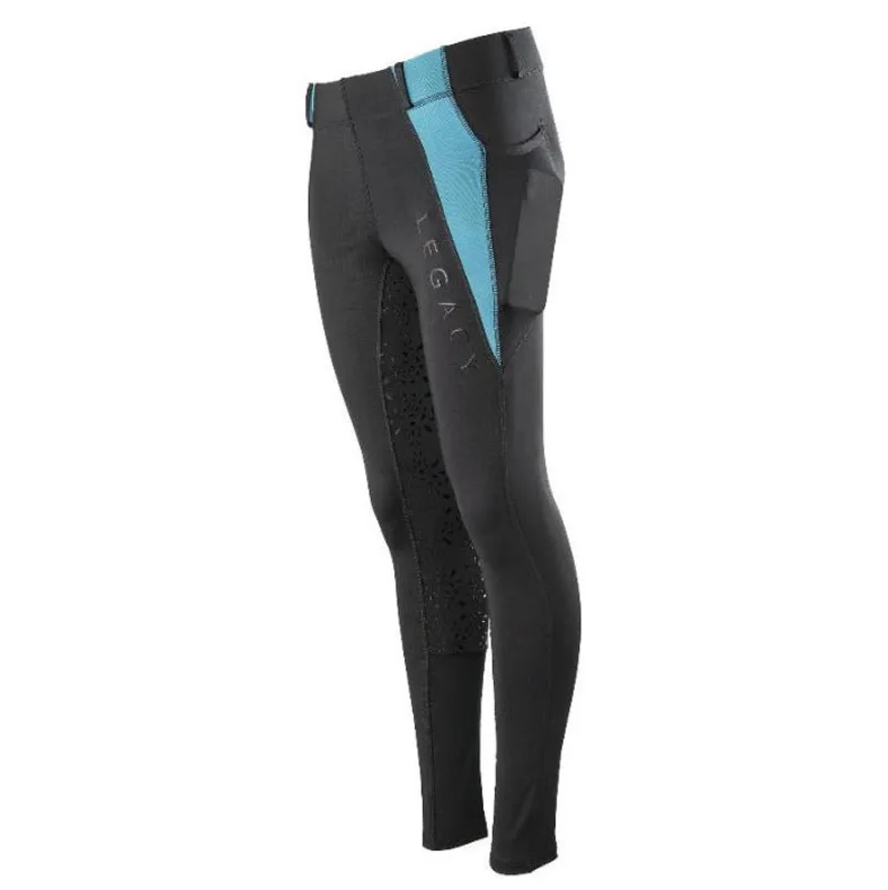 Legacy Junior Full Grip Riding Tights - Black/Turquoise