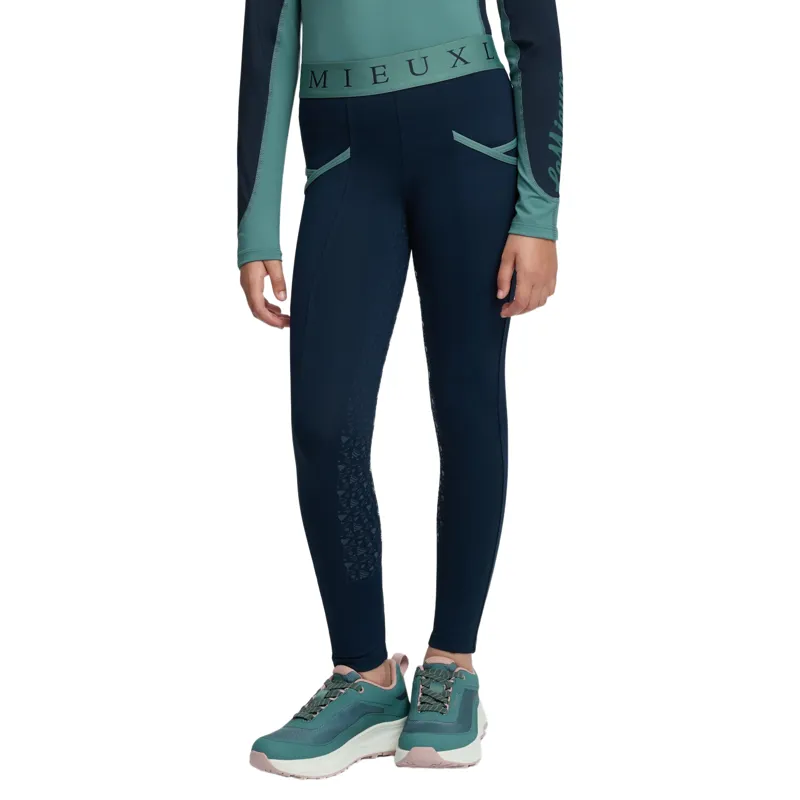 LeMieux Mini Junior Pull On Full Grip Riding Tights - Navy/Aloe