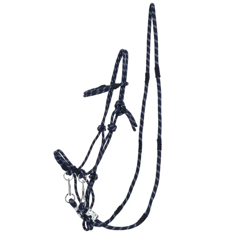 QHP Aubree Rope Halter with Reins - Misty Blue/Navy-2