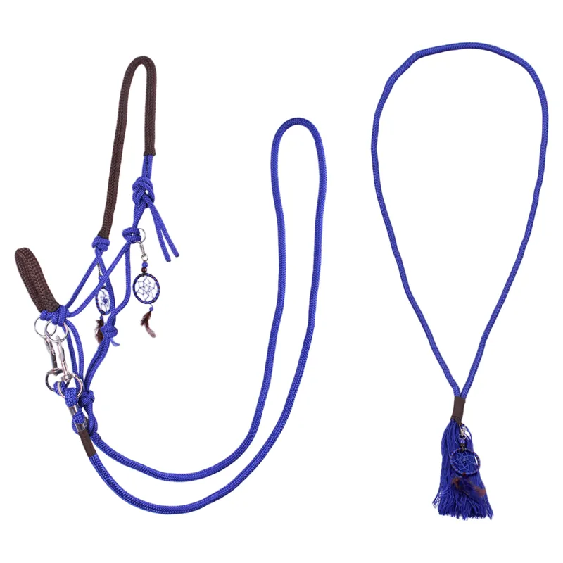 QHP Liberty Combi Rope Halter with Reins - Cobalt Blue-1