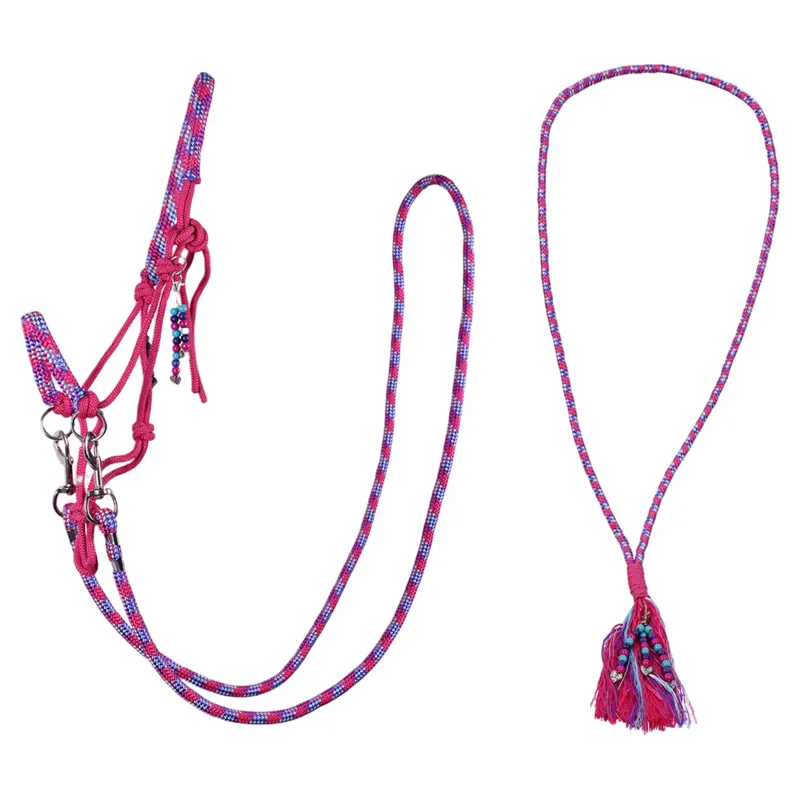 QHP Liberty Combi Rope Halter with Reins - Fuchsia
