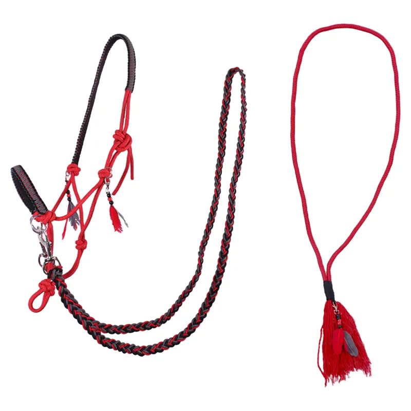 QHP Liberty Combi Rope Halter with Reins - Red-1