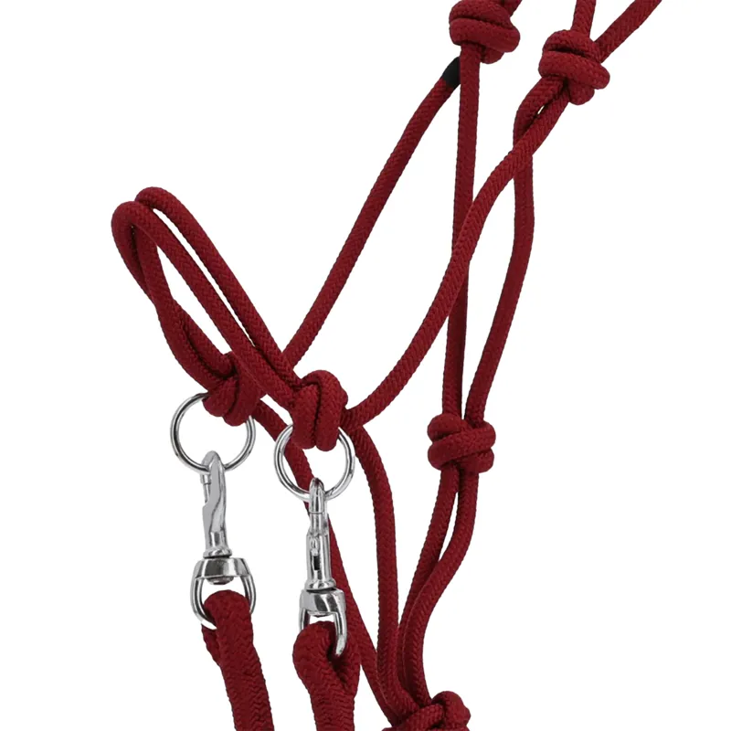 QHP Colour Rope Headcollar with Reins - Burgundy-1