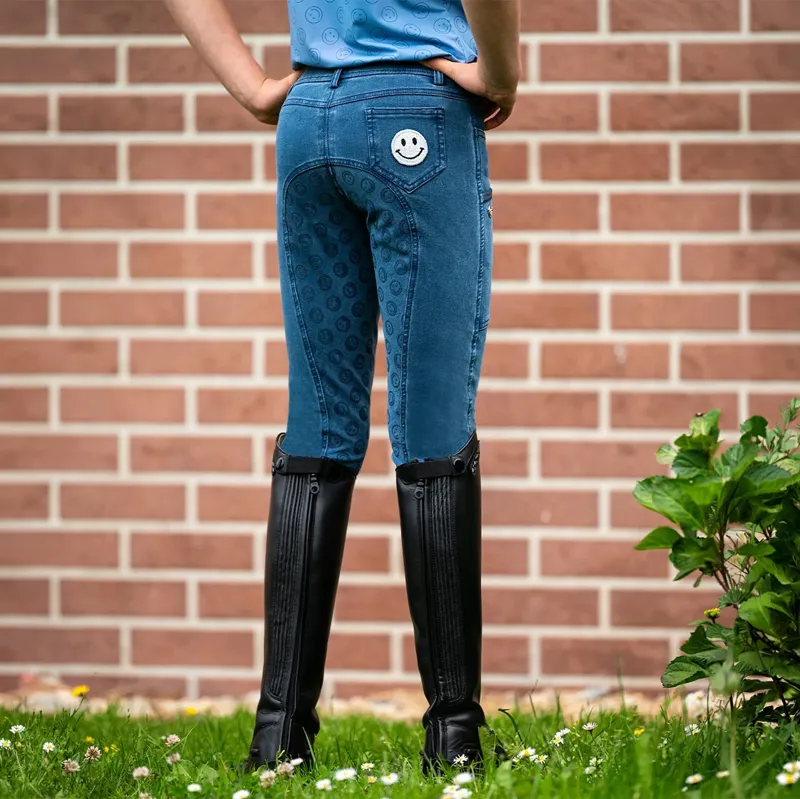 QHP Rosalynn Junior Girls Full Grip Riding Tights - Denim-4