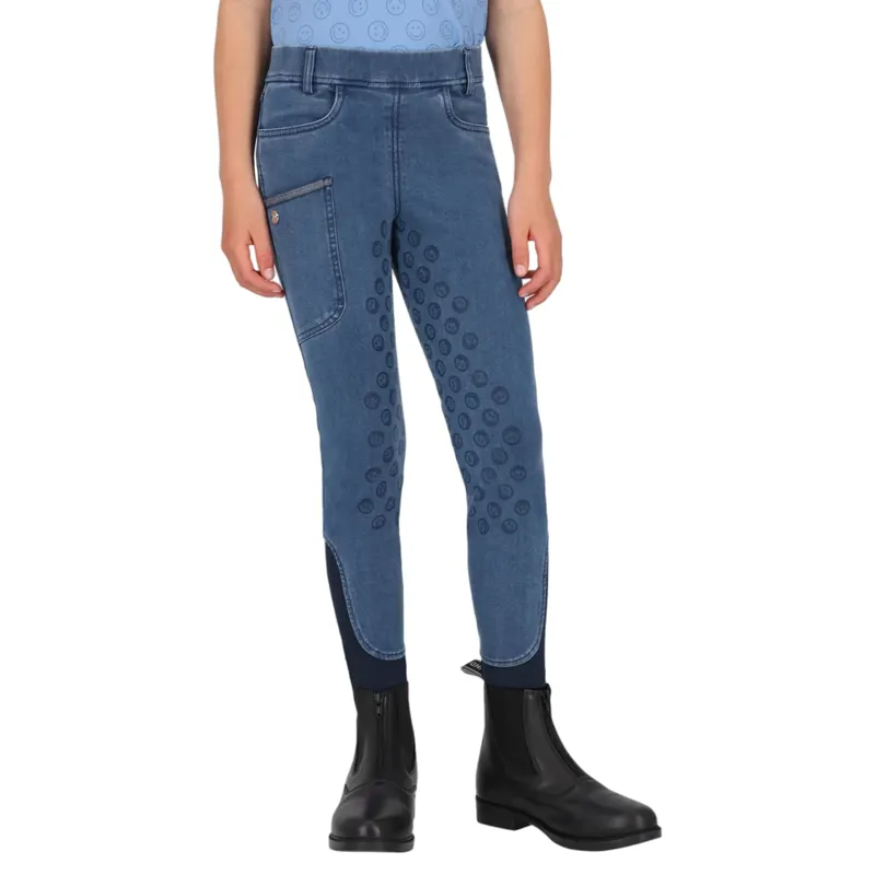 QHP Rosalynn Junior Girls Full Grip Riding Tights - Denim
