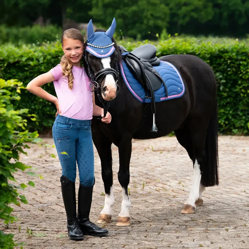 QHP Rosalynn Junior Girls Full Grip Riding Tights - Denim-3