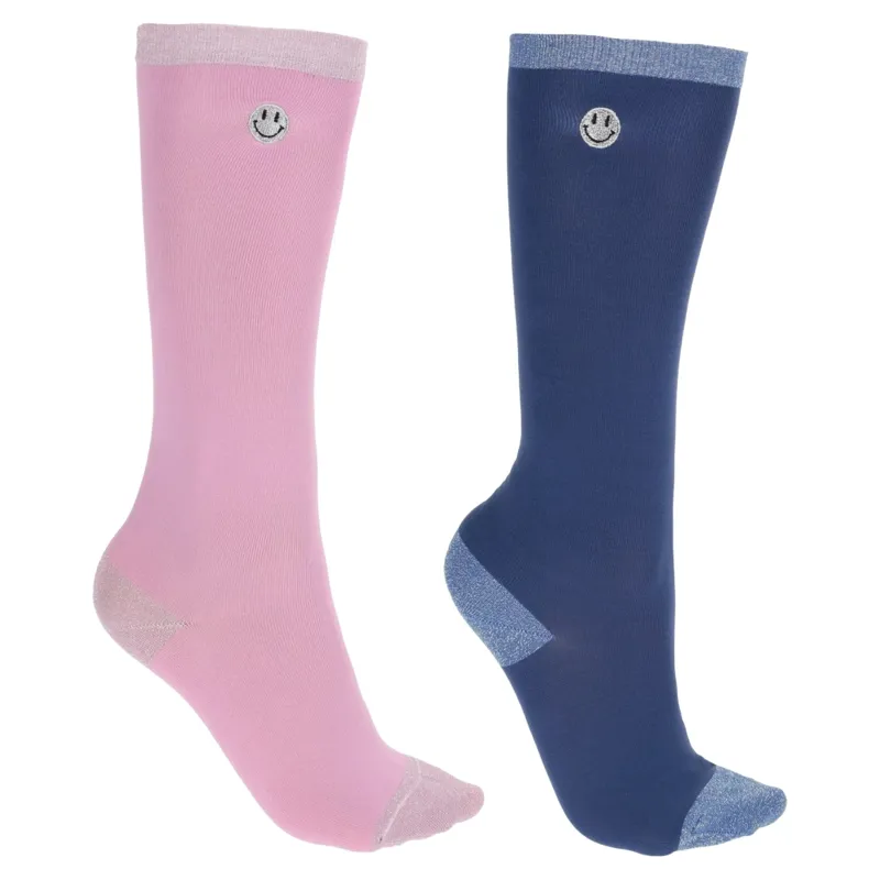 QHP Rosalynn Junior Girls Knee High Riding Socks 2 Pack - Pink/Blue