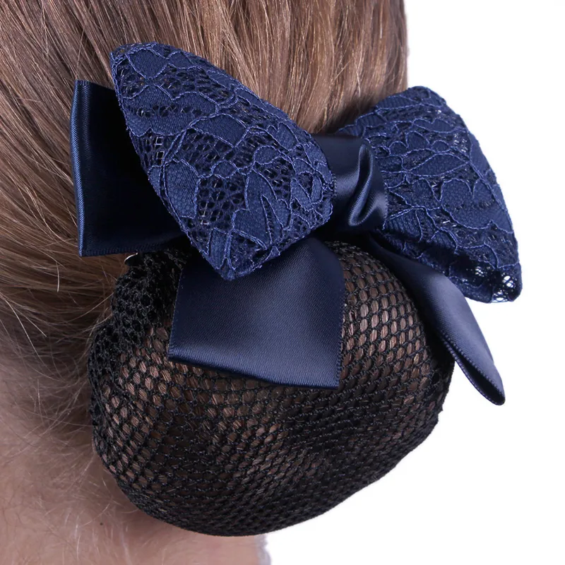 QHP Lace Hair Bow and Hairnet - Navy-1